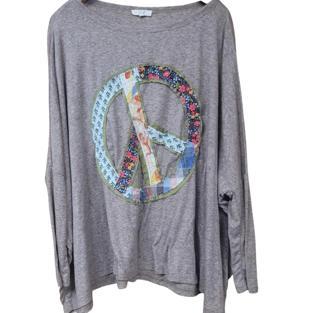 Easel Oatmeal Heathered Oversized Top Patchwork Peace Relaxed Earthy Boho Sz M